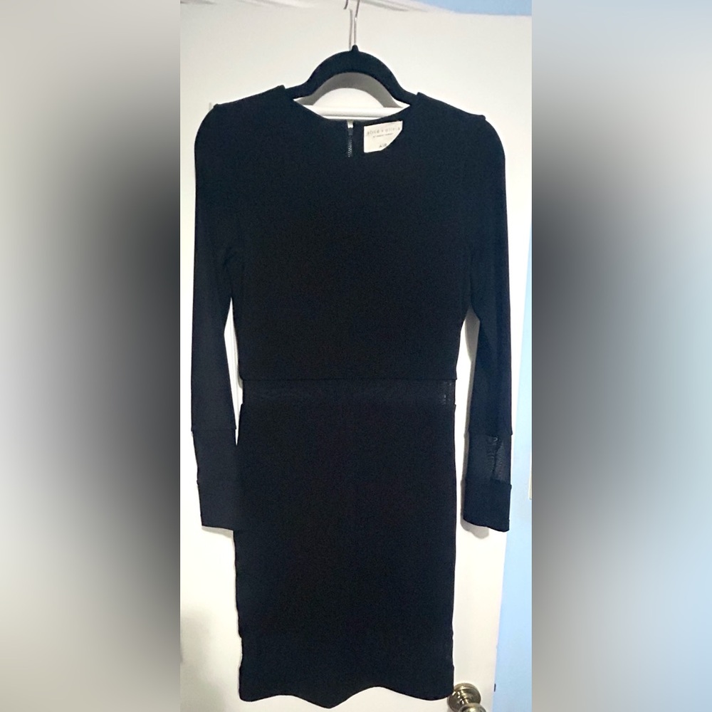 Alice + Olivia Black Long Sleeve Sheath Dress with Mesh Panels